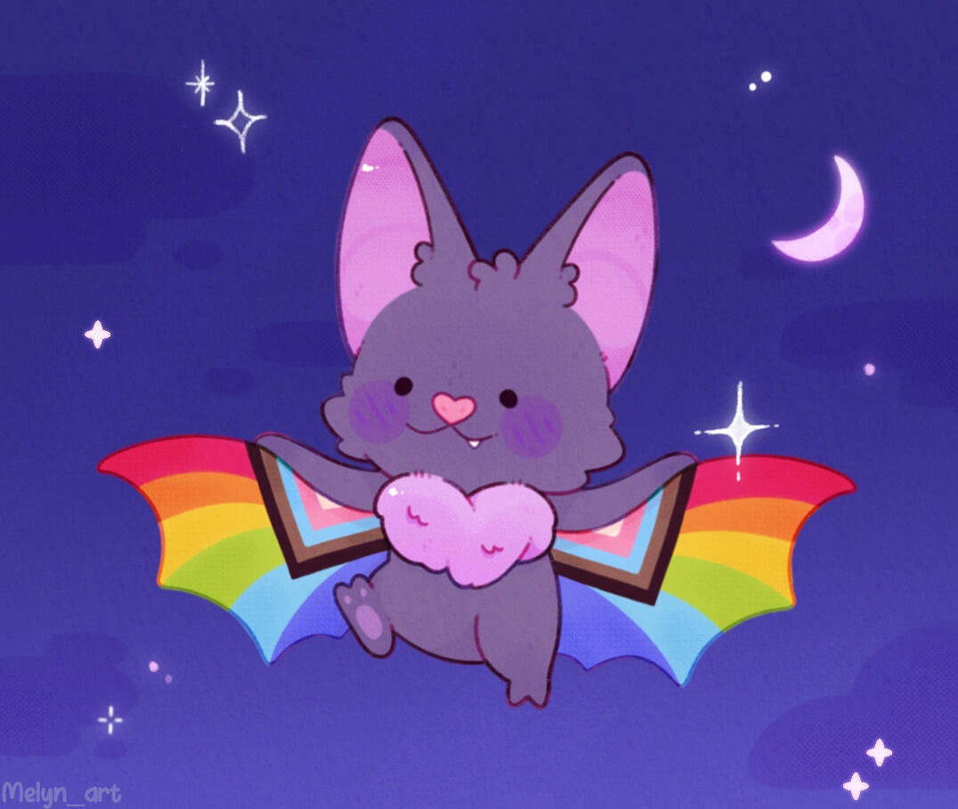 A cute fruit bat with progress flag colors on the inside of the wings. Artwork credit: melyn_art